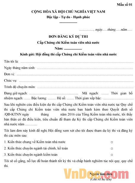 Mẫu đơn đăng ký dự thi cấp chứng chỉ kiểm toán viên nhà nước
