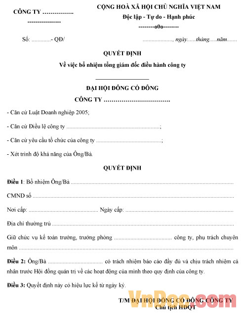Mẫu quyết định bổ nhiệm tổng giám đốc công ty