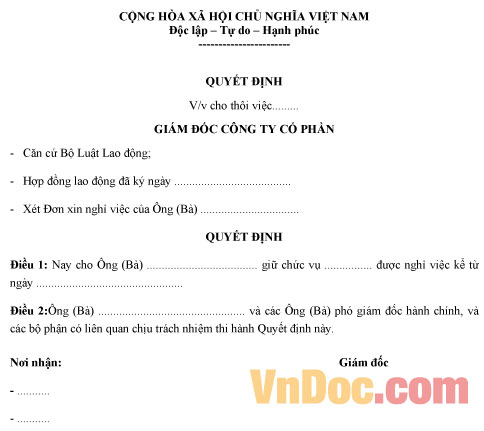Mẫu quyết định buộc thôi việc mới nhất Mẫu quyết định buộc thôi việc
