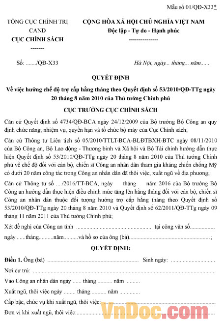 Mẫu quyết định hưởng chế độ trợ cấp hàng tháng