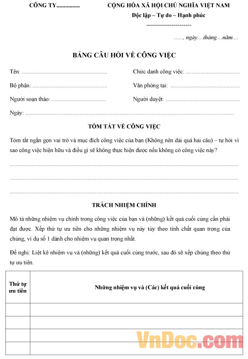 Bảng câu hỏi về công việc Mẫu bảng câu hỏi về công việc