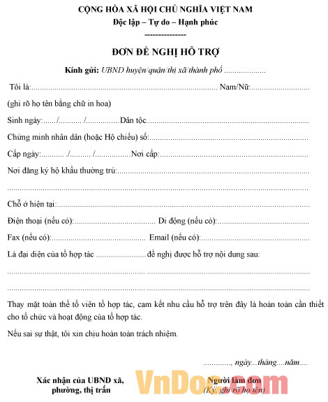 Mẫu đơn đề nghị hỗ trợ