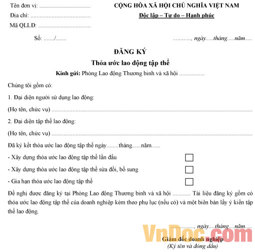 Mẫu đăng ký thoả ước lao động tập thể mới nhất Mẫu đăng ký thoả ước lao động tập thể