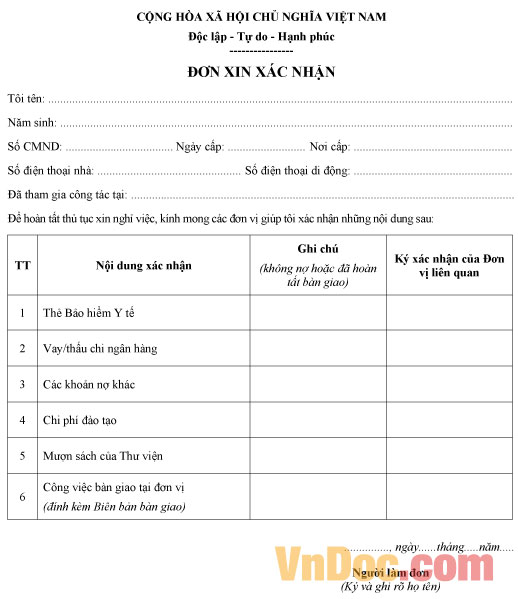 Mẫu đơn xin xác nhận trước khi thôi việc