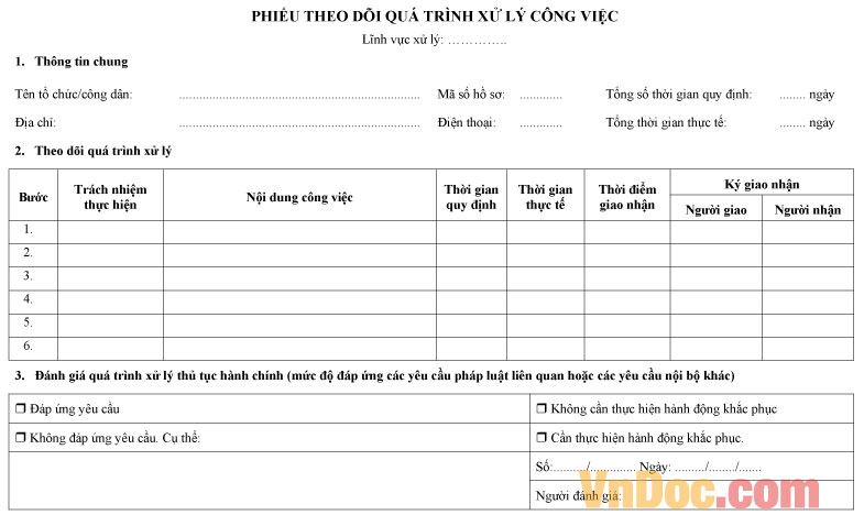 Phiếu theo dõi quá trình xử lý công việc Mẫu phiếu theo dõi quá trình xử lý công việc