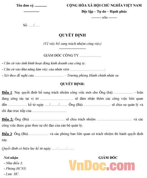 Mẫu quyết định bổ sung trách nhiệm công việc