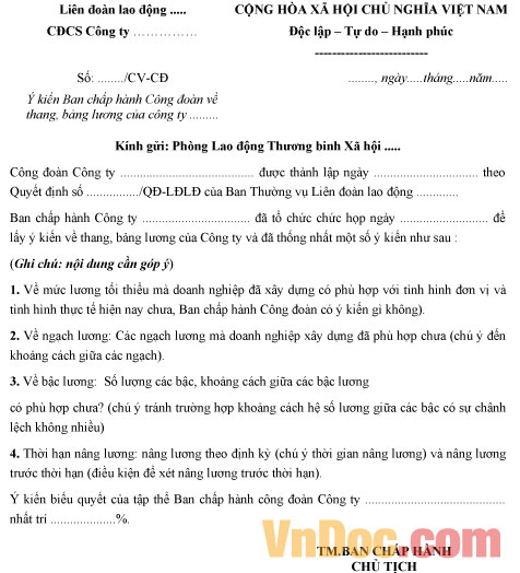 Mẫu ý kiến Ban chấp hành Công đoàn về thang, bảng lương của doanh nghiệp