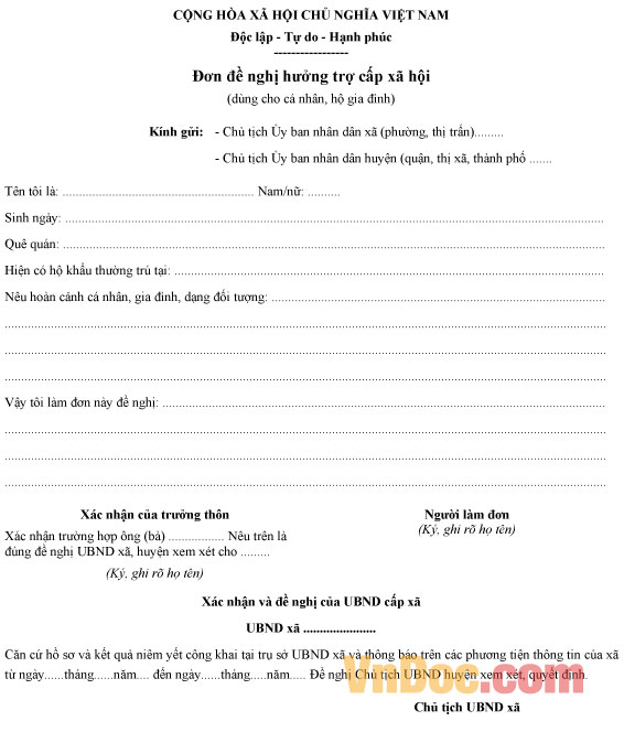 Mẫu đơn đề nghị hưởng trợ cấp xã hội