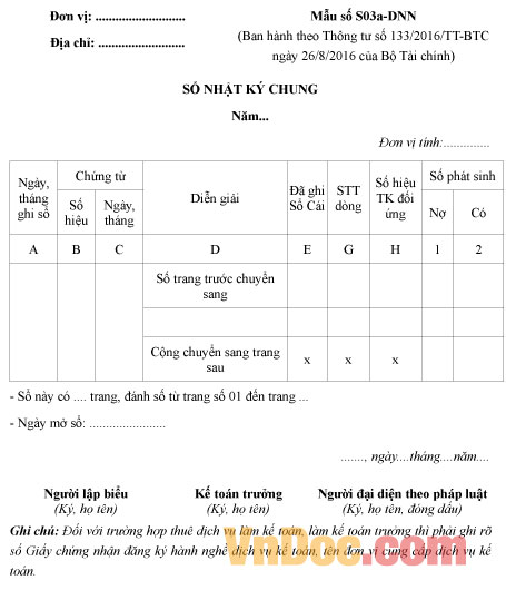 Biểu mẫu sổ nhật ký chung