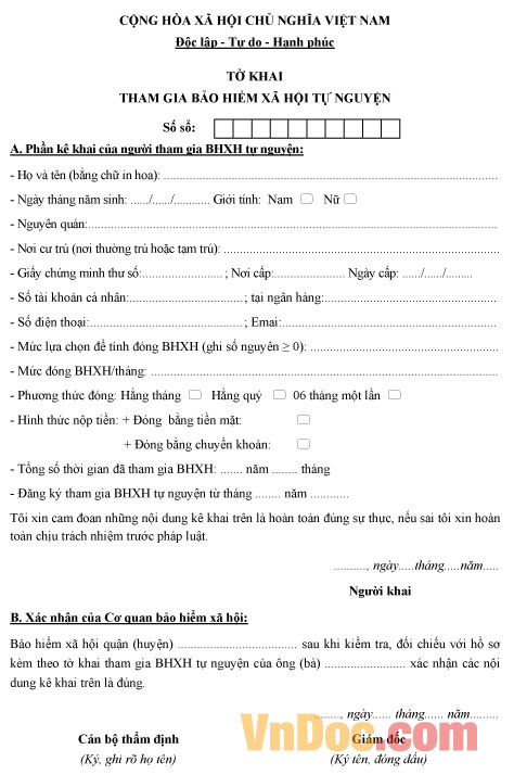 Mẫu tờ khai tham gia BHXH tự nguyện