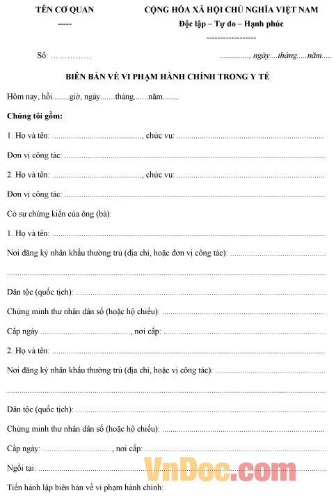 Mẫu biên bản về vi phạm hành chính trong lĩnh vực y tế