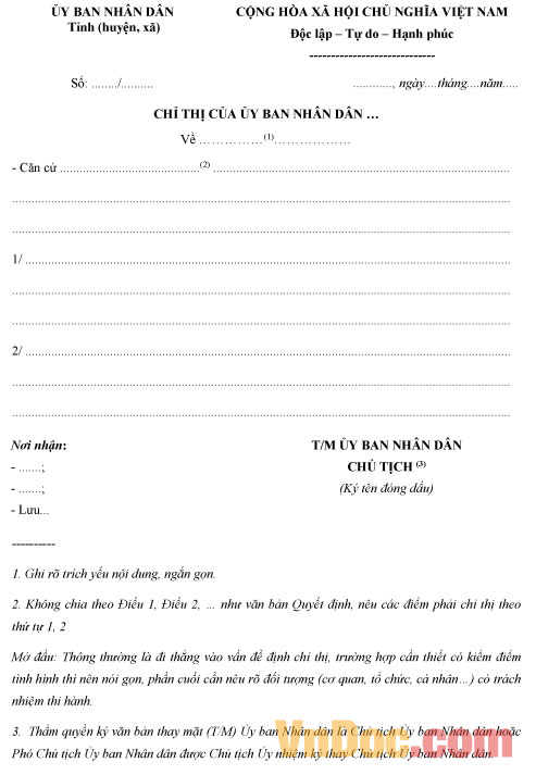 Mẫu chỉ thị của Ủy ban nhân dân