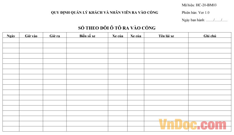 Mẫu sổ theo dõi ô tô ra vào công ty