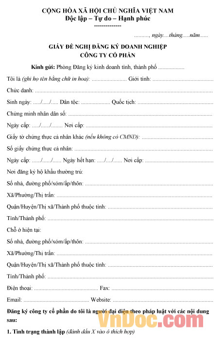 Mẫu đăng ký thành lập Công ty cổ phần
