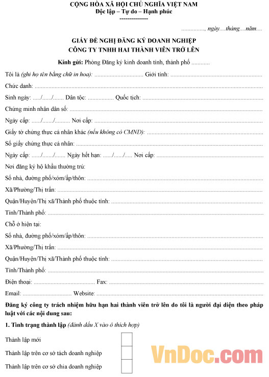 Mẫu đăng ký thành lập Công ty TNHH 2 thành viên trở lên