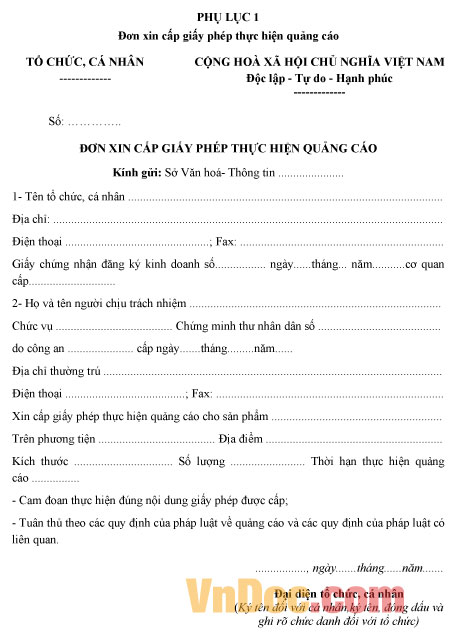 Đơn xin cấp giấy phép thực hiện quảng cáo Mẫu đơn xin cấp giấy phép thực hiện quảng cáo