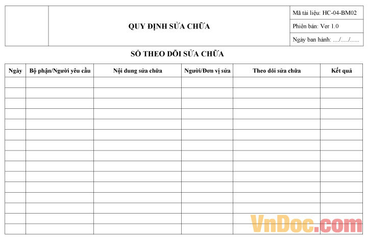 Mẫu sổ theo dõi sửa chữa mới nhất Mẫu sổ theo dõi sửa chữa