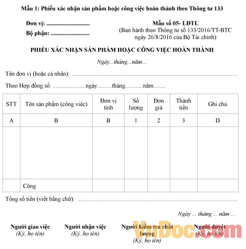 Mẫu số 05-LĐTL: Phiếu xác nhận sản phẩm hoặc công việc hoàn thành