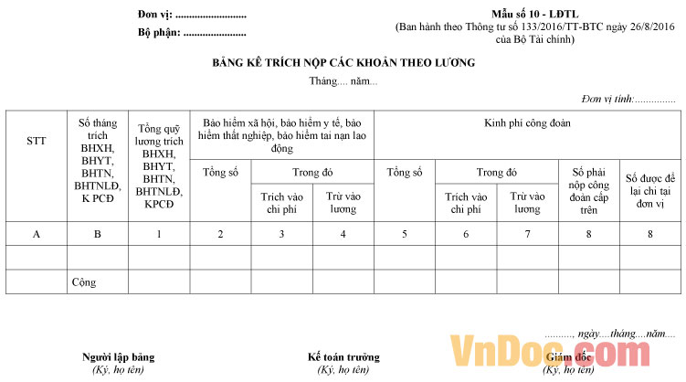 Mẫu số 10 - LĐTL: Bảng kê trích nộp các khoản theo lương