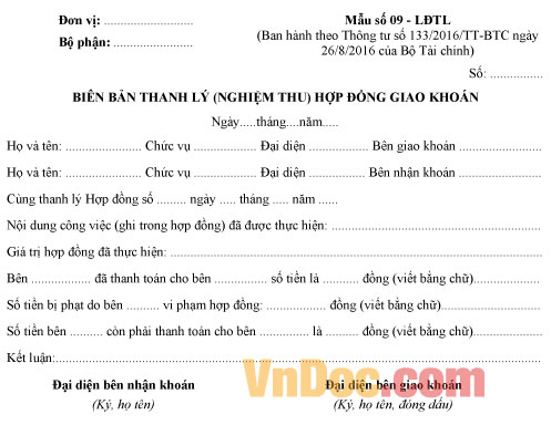 Mẫu số 09-LĐTL: Biên bản thanh lý (nghiệm thu) hợp đồng giao khoán