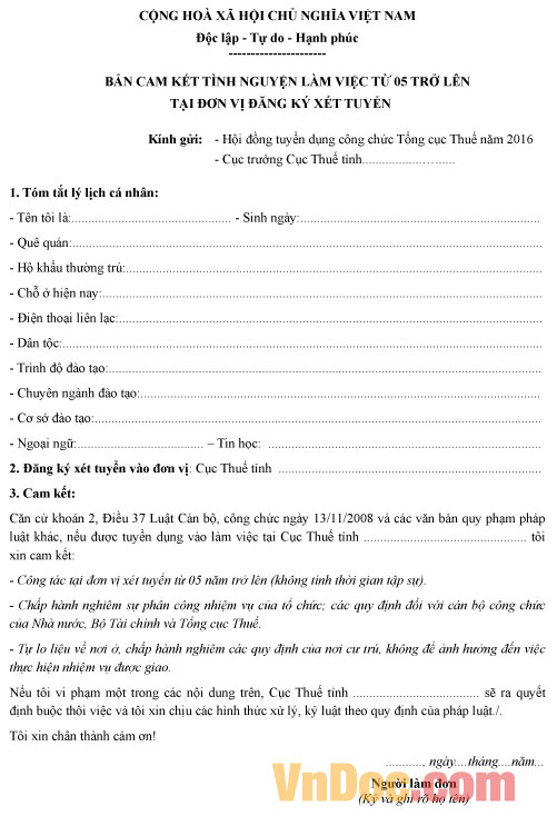 Bản cam kết đăng ký dự tuyển công chức thuế 2016