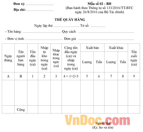 Mẫu số 02-BH: Thẻ quầy hàng theo Quyết định 48 Mẫu số 02-BH: Thẻ quầy hàng