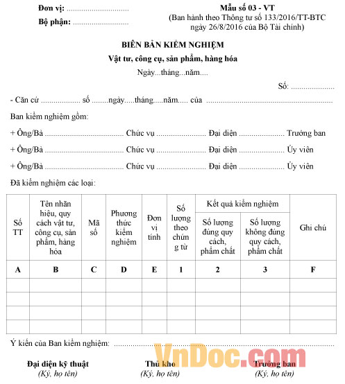 Mẫu số 03-VT: Biên bản kiểm nghiệm vật tư, công cụ, sản phẩm, hàng hóa