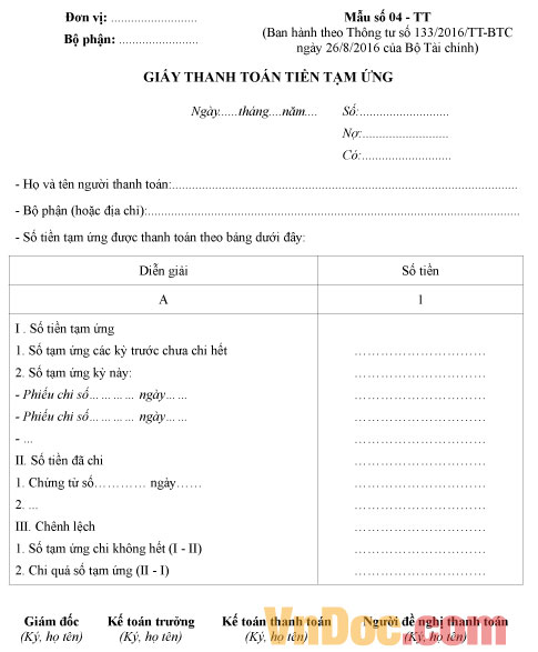 Mẫu số 04 - TT: Mẫu giấy thanh toán tạm ứng