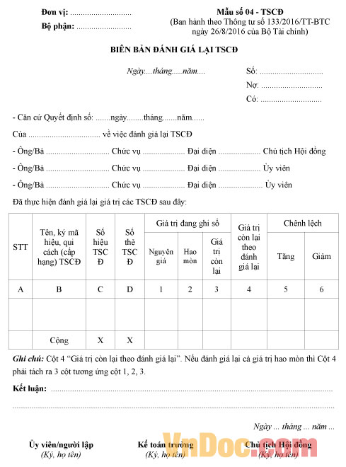 Mẫu biên bản đánh giá lại tài sản cố định