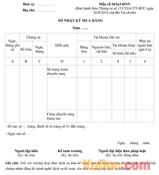 Mẫu sổ nhật ký mua hàng