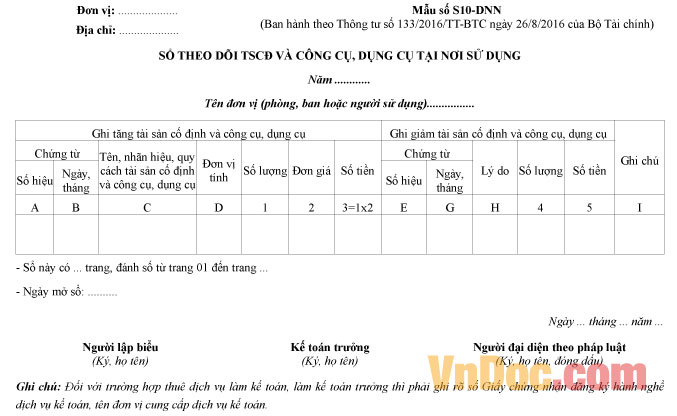 Mẫu số S10-DNN: Sổ theo dõi TSCĐ và công cụ, dụng cụ tại nơi sử dụng