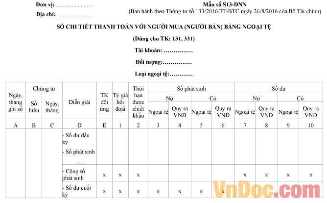Mẫu số S13-DNN: Sổ chi tiết thanh toán với người mua (người bán) bằng ngoại tệ