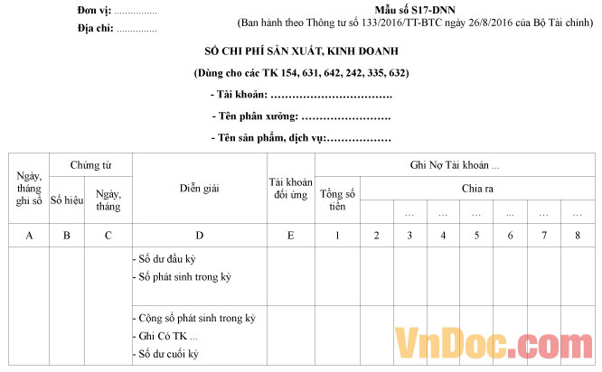 Mẫu số S17-DNN: Sổ chi phí sản xuất, kinh doanh