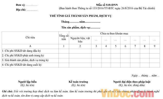 Mẫu số S18-DNN: Thẻ tính giá thành sản phẩm, dịch vụ theo Thông tư 133 Mẫu số S18-DNN: Thẻ tính giá thành sản phẩm, dịch vụ