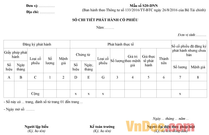 Mẫu số S20-DNN: Sổ chi tiết phát hành cổ phiếu
