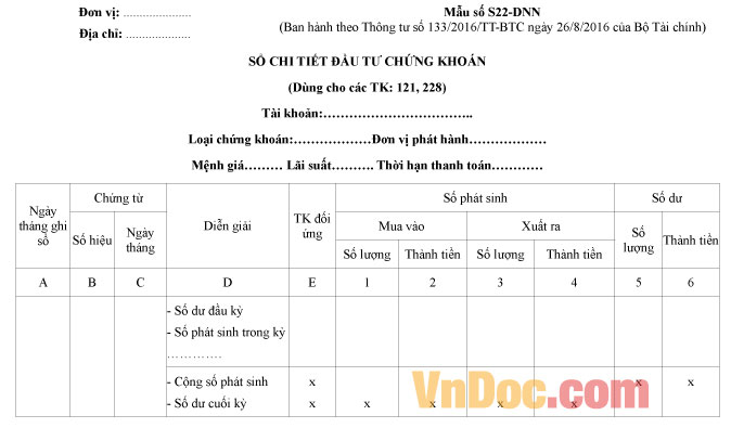 Mẫu số S22-DNN: Sổ chi tiết đầu tư chứng khoán