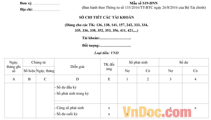 Mẫu số S19-DNN: Sổ chi tiết các tài khoản