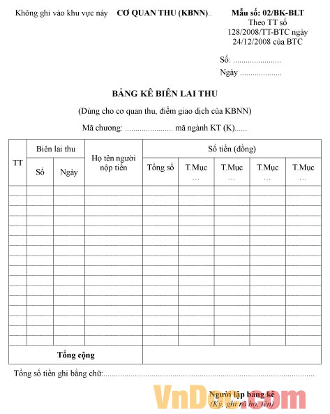 Mẫu số: 02/BK-BLT: Bảng kê biên lai thu