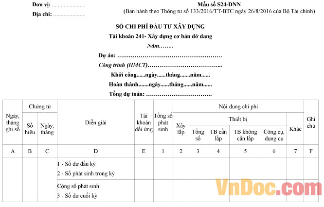 Mẫu số S24-DNN: Sổ chi phí đầu tư xây dựng