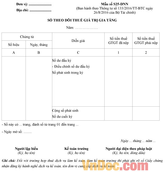 Mẫu số S26-DNN: Sổ theo dõi thuế giá trị gia tăng