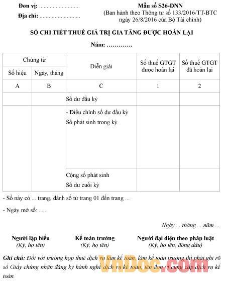 Sổ chi tiết thuế giá trị gia tăng được hoàn lại theo Quyết định 48 Mẫu số S27-DNN: Sổ chi tiết thuế giá trị gia tăng được hoàn lại