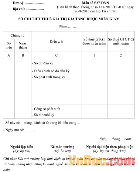 Mẫu số S28-DNN: Sổ chi tiết thuế giá trị gia tăng được miễn giảm