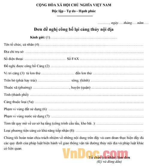 Đơn đề nghị công bố lại cảng thủy nội địa Mẫu đơn đề nghị công bố lại cảng thủy nội địa