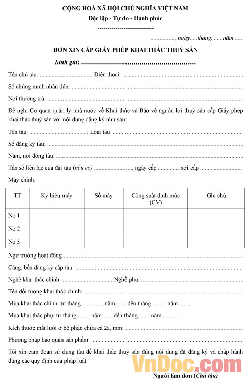 Mẫu đơn xin cấp giấy phép khai thác thủy sản
