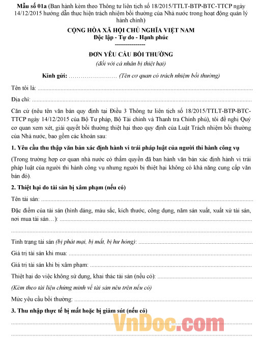 Đơn yêu cầu bồi thường thiệt hại