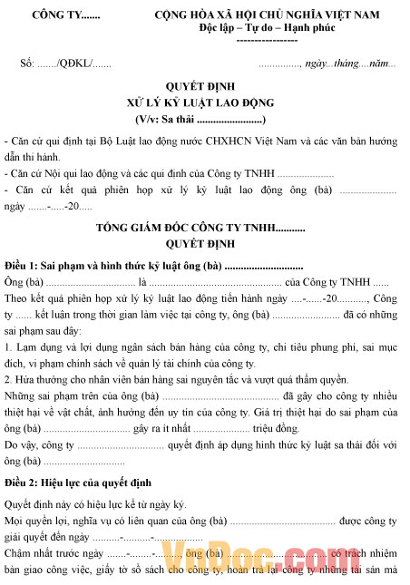 Mẫu quyết định sa thải nhân viên