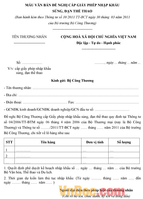 Mẫu văn bản đề nghị cấp giấy phép nhập khẩu súng, đạn thể thao