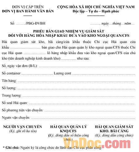 Phiếu bàn giao nhiệm vụ giám sát đối với hàng hóa nhập khẩu đưa vào kho ngoại quan/CFS