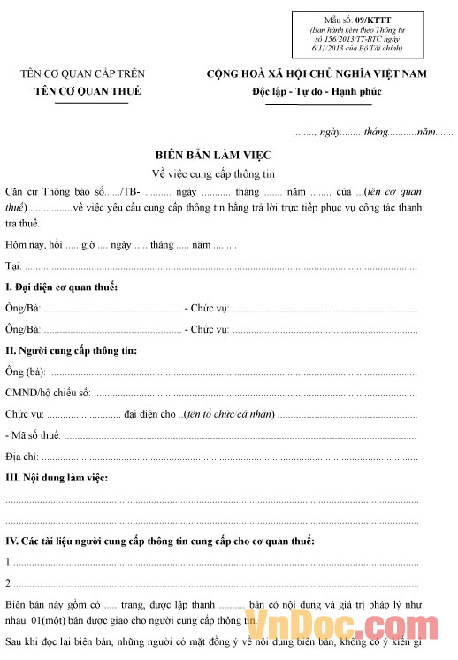 Mẫu số 09/KTTT: Biên bản làm việc về việc cung cấp thông tin