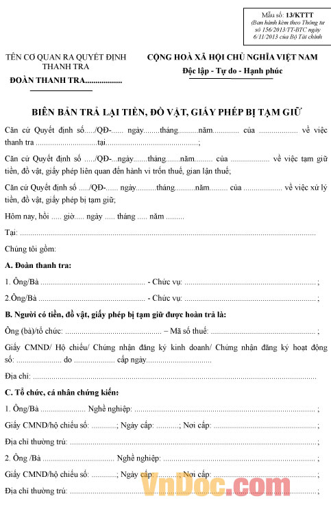 Mẫu số 13/KTTT: Biên bản trả lại tiền, đồ vật, giấy phép bị tạm giữ
